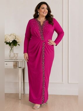 Korsh Fuchsia Long Sleeve Beaded Maxi Dress Size 48 US 16 Wedding Formal Event